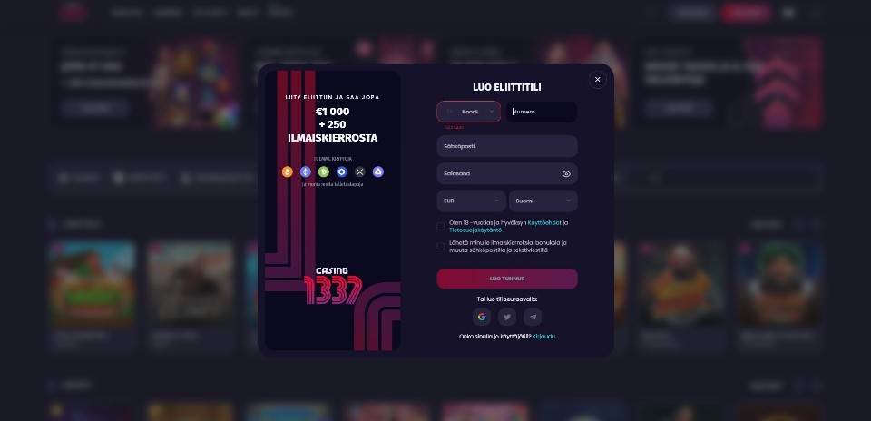 Kuvankaappaus Casino 1337 Casinolle rekisteröitymisestä, näkyvillä tervetuliaisbonus ja rekisteröitymislomake