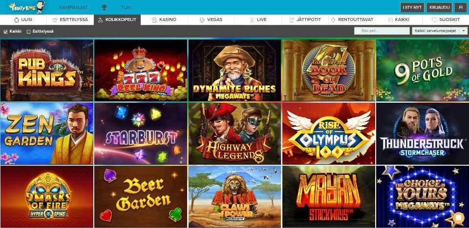 Kuvankaappaus Fruity King Casinon peliaulasta, näkyvissä valikot ja 15 peliautomaatin kuvakkeet
