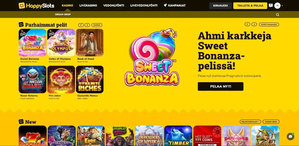 Kuvankaappaus Happy Slots Casinon etusivusta, näkyvissä päävalikko, 6 parhaan pelin kuvakkeet, Sweet Bonanza -banneri ja 9 uutta peliä