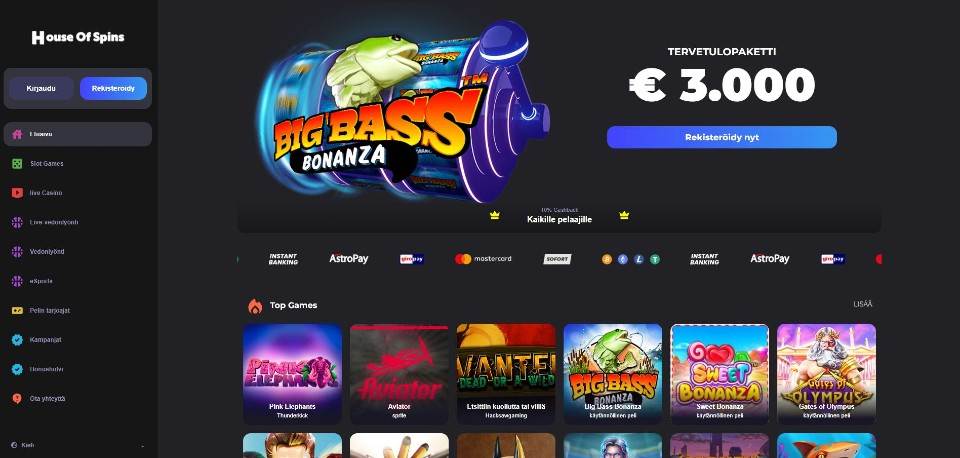 Kuvankaappaus House of Spins Casinon etusivusta, näkyvillä Big Bass Bonanza -peli, tervetuliaisbonus, maksutavat ja 6 pelin kuvakkeet