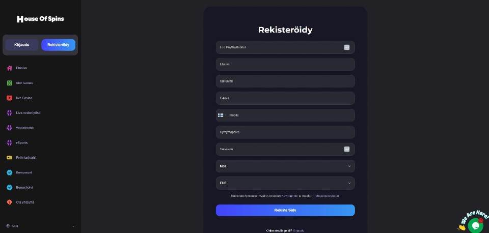 Kuvankaappaus House of Spins Casinolle rekisteröitymisestä, näkyvillä valikko ja rekisteröitymislomake