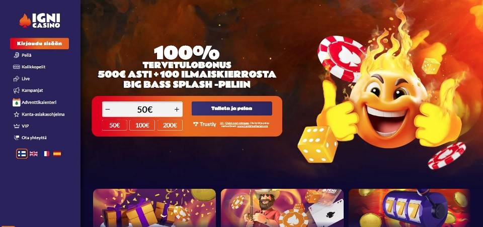 Kuvankaappaus Igni Casinon etusivusta, näkyvillä valikot, tervetuliaisbonus, liekehtivä hahmo ja Pay N Play -talletusikkuna