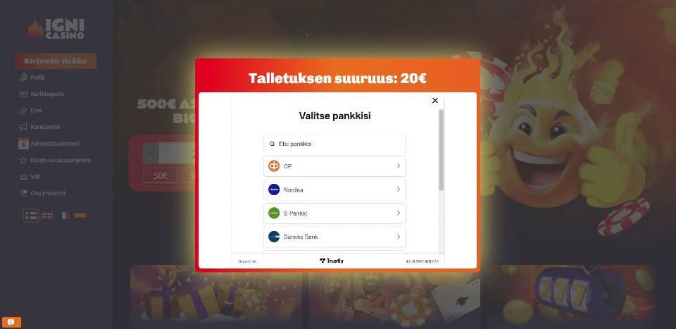 Kuvankaappaus Igni Casinon Pay N Play -talletusikkunasta, 20 € talletus ja oman pankin valinta