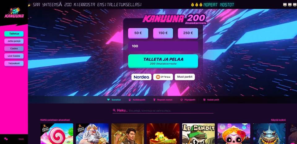 Kuvankaappaus Kanuuna Casinon etusivusta, näkyvillä valikot ja pikatalletusikkuna