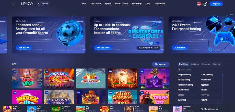 Kuvankaappaus Legzo Casinon etusivusta, näkyvissä valikko, 3 tarjousta, pelinkehittäjiä ja 10 peliautomaatin kuvakkeet
