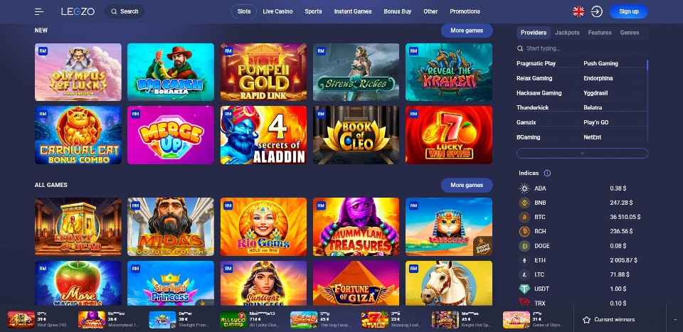 Kuvankaappaus Legzo Casinon peliaulasta, näkyvissä valikot, 20 peliautomaatin kuvakkeet ja lista pelinkehittäjistä