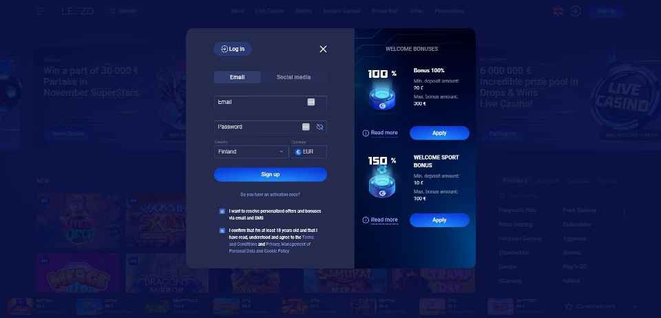 Kuvankaappaus Legzo Casinolle rekisteröitymisestä, näkyvissä tervetuliaisbonukset ja rekisteröitymislomake