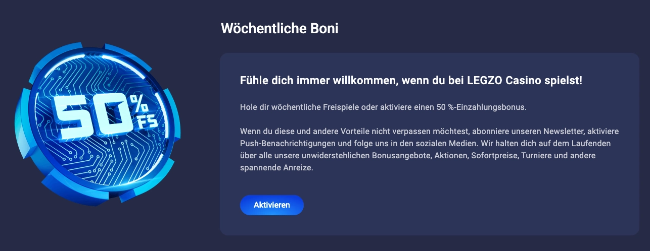 Legzo Casino wöchentliche Boni
