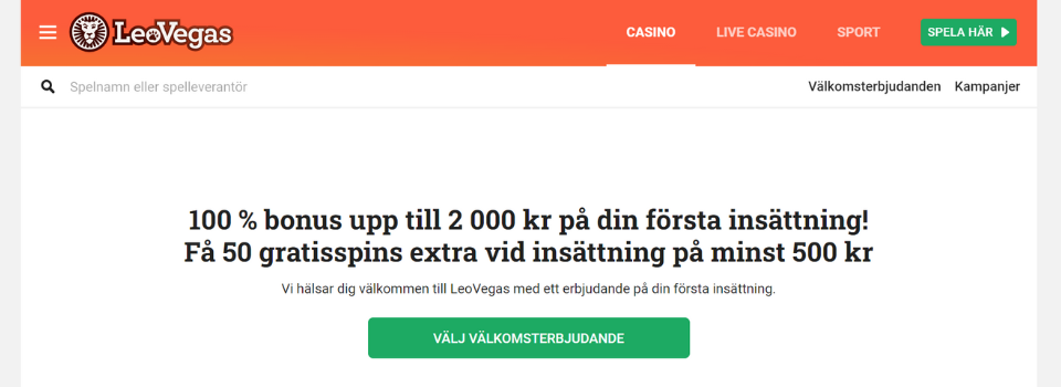 LeoVegas - casino bonus utan omsättningskrav