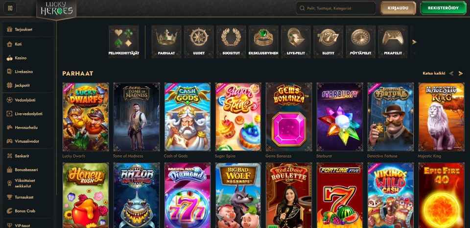 Kuvankaappaus Lucky Heroes Casinon peliaulasta, näkyvissä valikot ja 16 suositun pelin kuvakkeet
