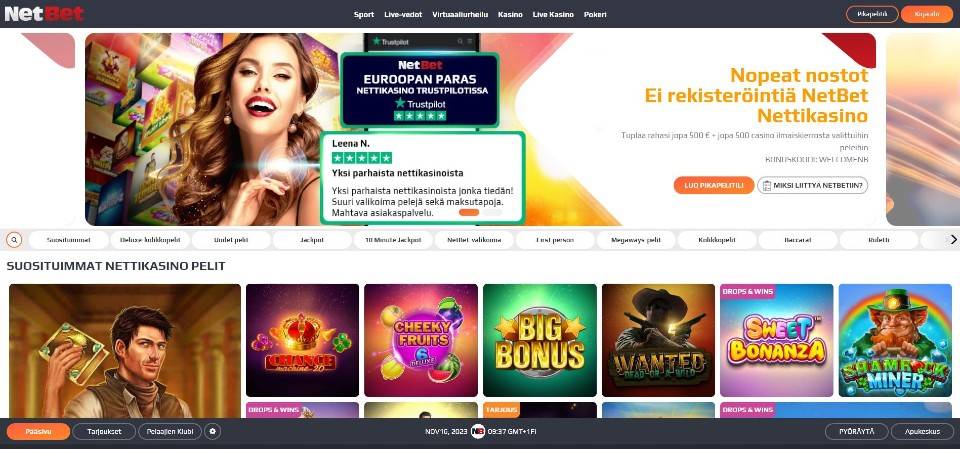 Kuvankaappaus NetBet Casinon etusivusta, näkyvissä päävalikko, bannerikuva naishahmolla sekä 7 suosituimman kasinopelin kuvakkeet