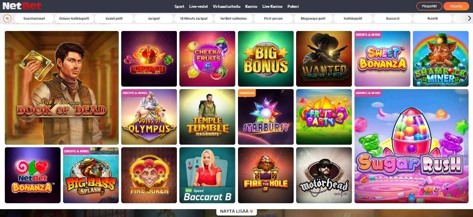 Kuvankaappaus NetBet Casinon peliaulasta, näkyvissä pelivalikot ja 18 suosituimman pelin kuvakkeet