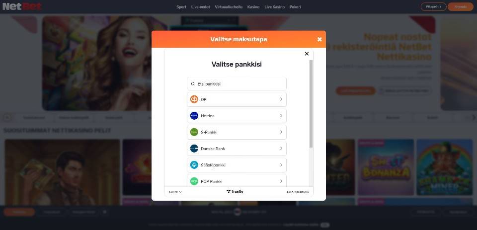Kuvankaappaus NetBet Casinon pikatalletuksesta, näkyvissä Trustlyn Pay N Play -ikkuna ja pankin valitseminen