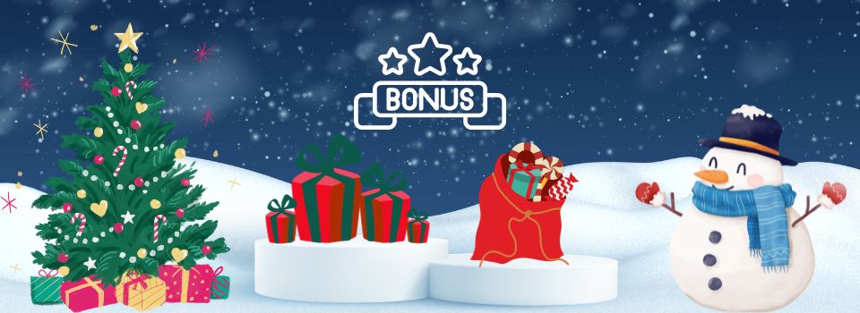 Bonus, joulukuusi, lahjapaketteja ja lumiukko talvimaisemassa