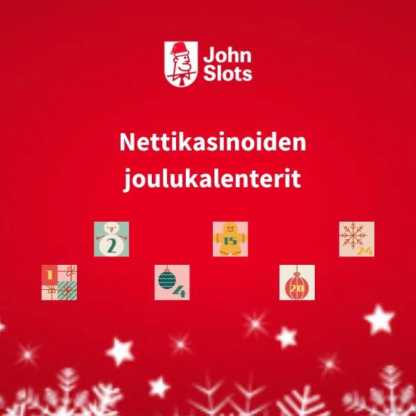 JohnSlots-logo, joulukalenterin luukkuja ja teksti Nettikasinoiden joulukalenterit punaisella taustalla