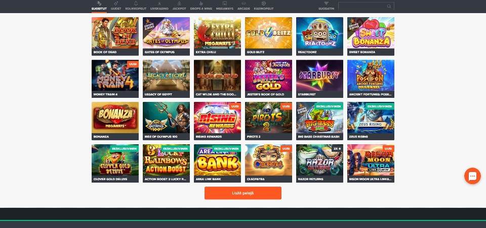 Kuvankaappaus Ninja Casinon peliaulasta, näkyvillä 24 suositun peliautomaatin kuvakkeet