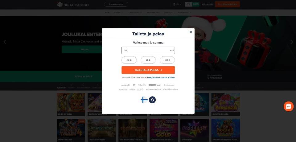 Kuvankaappaus Ninja Casinon Pay N Play -pikatalletuksesta, näkyvillä 20 € pikatalletus