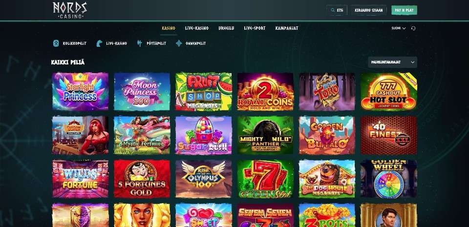 Kuvankaappaus Nords Casinon peliaulasta, näkyvissä valikot ja 24 peliautomaatin kuvakkeet
