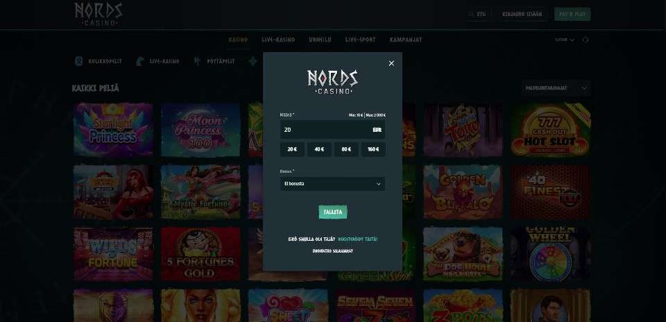 Kuvankaappaus Nords Casinon Pay N Play -pikatalletuksesta, näkyvissä 20 € talletus ja bonuksen valinta