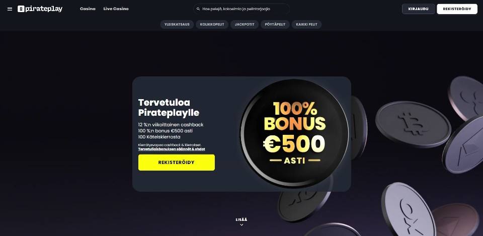 Kuvankaappaus PiratePlay Casinon etusivusta, näkyvillä valikot ja tervetuliaisbonus