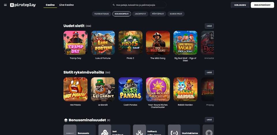 Kuvankaappaus PiratePlay Casinon peliaulasta, näkyvillä valikot ja 10 peliautomaatin kuvakkeet