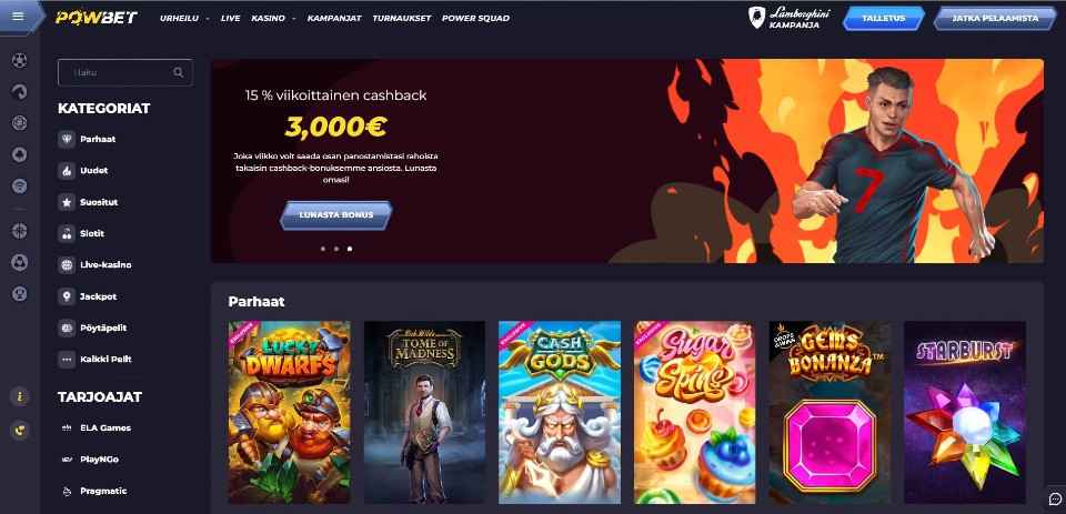 Kuvankaappaus Powbet Casinon peliaulasta, näkyvissä valikot, viikoittainen cashback-bonus, jalkapalloilija ja 6 parhaan pelin kuvakkeet