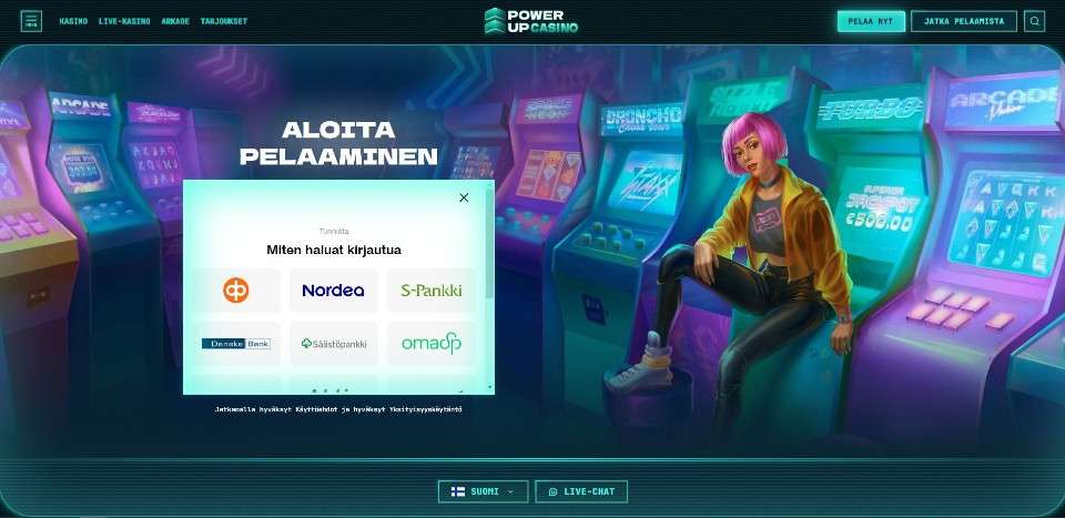 Kuvankaappaus Power Up Casinon etusivusta, näkyvissä päävalikko, Pay N Play -kirjautuminen nettipankkitunnuksilla, taustalla pelikoneita, joiden päällä istuu naishahmo