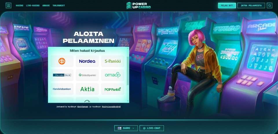 Kuvankaappaus Power Up Casinolle kirjautumisesta, näkyvissä Pay N Play -ikkuna, 10 pankin logot ja naishahmo istumassa pelikoneiden päällä