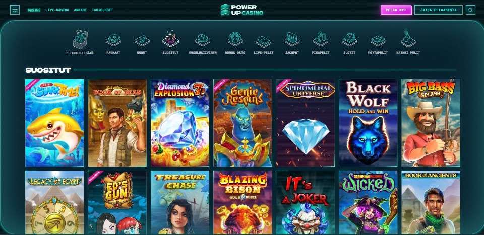 Kuvankaappaus Power Up Casinon peliaulasta, näkyvissä päävalikko, pelivalikot ja 14 suositun peliautomaatin kuvakkeet