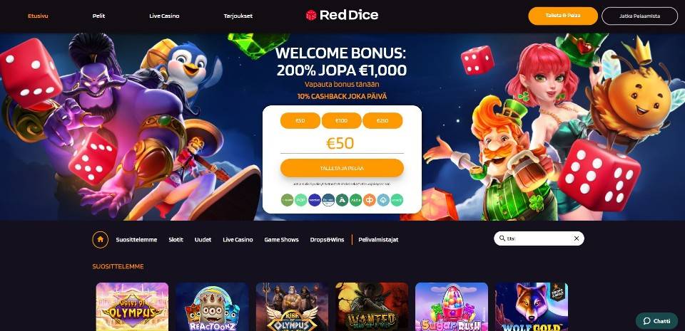 Kuvankaappaus RedDice Casinon etusivusta, näkyvillä valikot, tervetuliaisbonus, peliautomaattien hahmoja, Pay N Play -talletusikkuna ja 6 peliautomaatin kuvakkeet