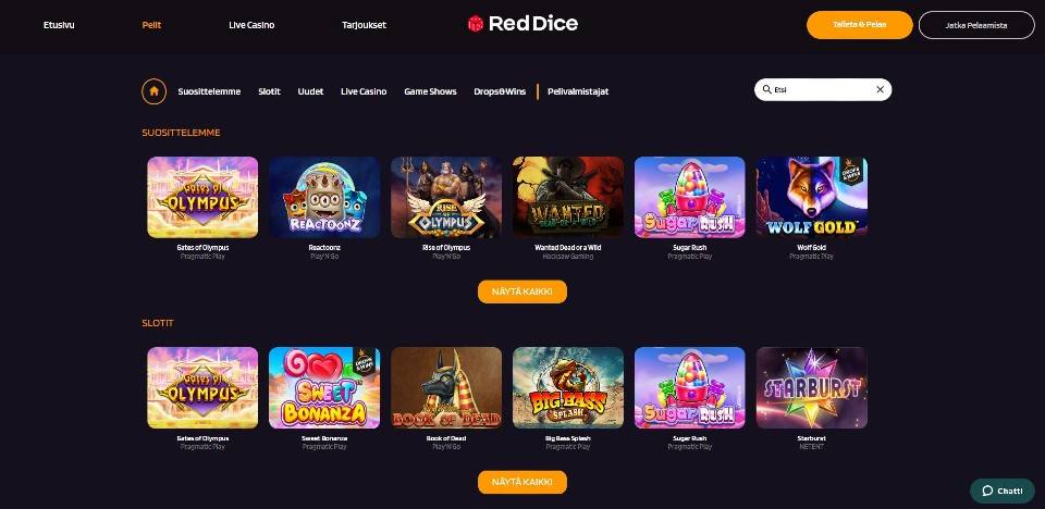 Kuvankaappaus RedDice Casinon peliaulasta, näkyvillä valikot ja 12 peliautomaatin kuvakkeet