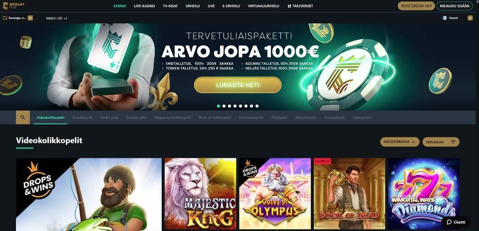 Kuvankaappaus Royalist Play Casinon etusivusta, näkyvillä tervetuliaisbonus, valikot ja 5 peliautomaatin kuvakkeet