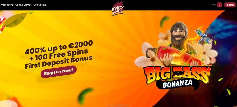 Kuvankaappaus Spicy Jackpots Casinon etusivusta, näkyvillä tervetuliaisbonus