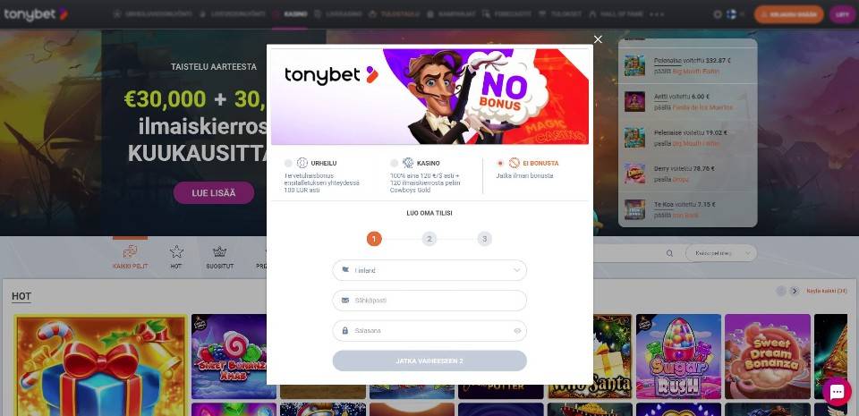 Kuvankaappaus Tonybet Casinolle rekisteröitymisestä, näkyvillä bonuksen valinta ja rekisteröitymislomake