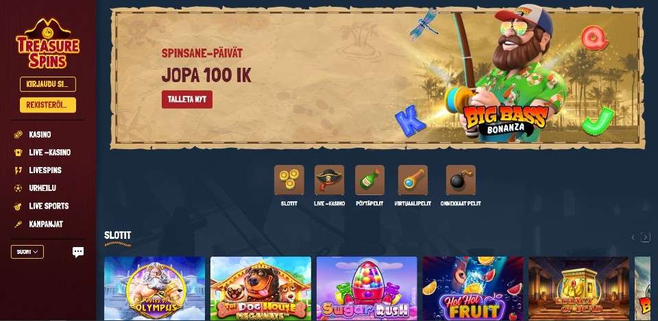 Kuvankaappaus Treasure Spins Casinon etusivusta, näkyvillä 100 ilmaiskierroksen tarjous, Big Bass Bonanza -pelin kalastaja, valikot ja 5 pelin kuvakkeet