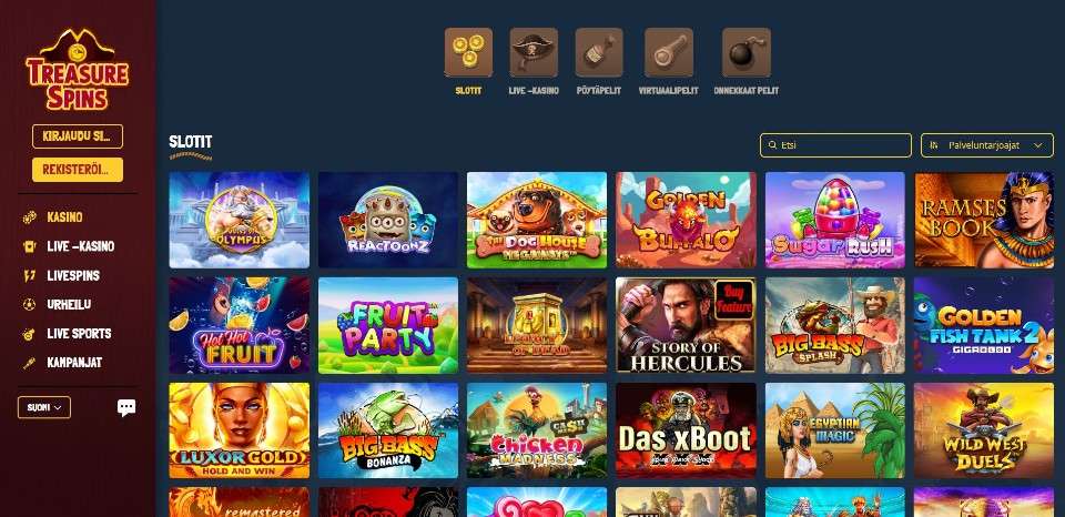 Kuvankaappaus Treasure Spins Casinon peliaulasta, näkyvillä valikot ja 18 peliautomaatin kuvakkeet