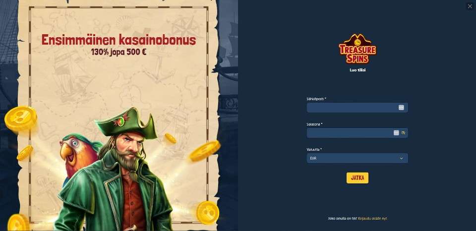 Kuvankaappaus Treasure Spins Casinolle rekisteröitymisestä, näkyvillä tervetuliaisbonus ja rekisteröitymislomake