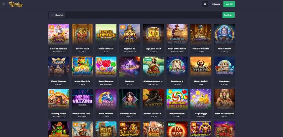 Kuvankaappaus Winning.io Casinon peliaulasta, näkyvissä 32 peliautomaatin kuvakkeet