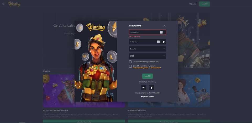 Kuvankaappaus Winning.io Casinolle rekisteröitymisestä, näkyvissä rekisteröitymislomake