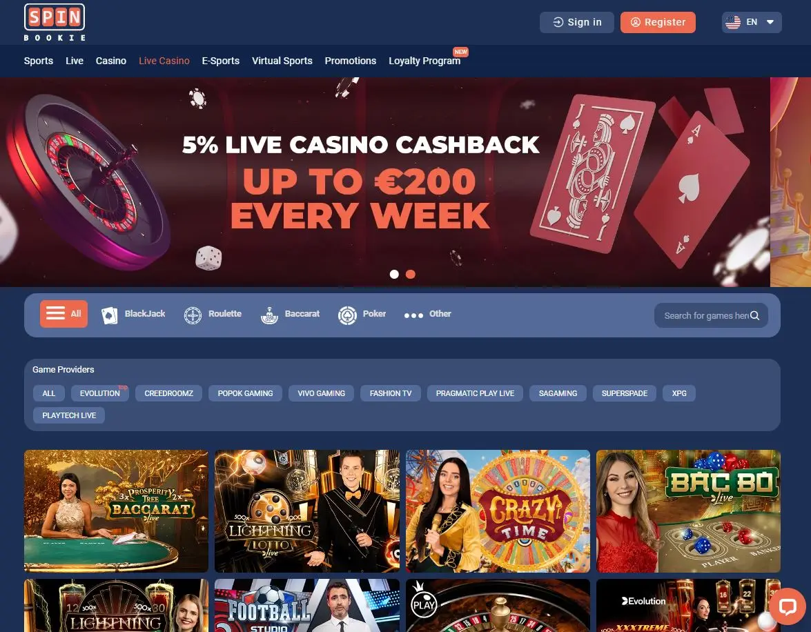 Juegos de Casino en Vivo en Spinbookie