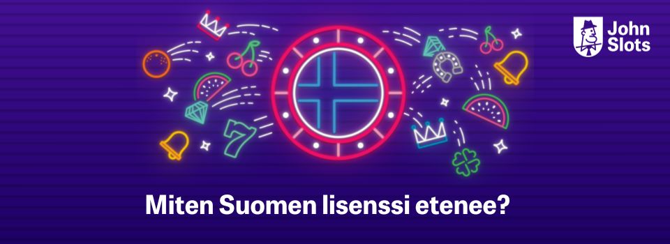 JohnSlots logo, pelimerkin keskellä Suomen lippu ja ympärillä peliautomaattien symboleita ja teksti Miten Suomen lisenssi etenee?