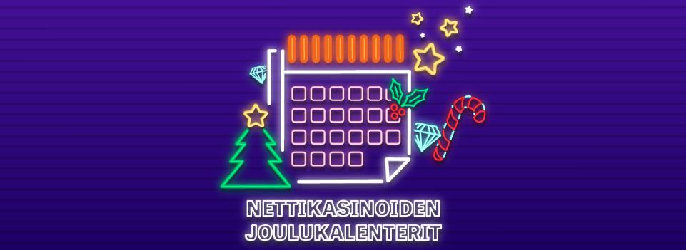 Joulukuusi, kalenteri ja jouluisia symboleita sekä teksti Nettikasinoiden joulukalenterit