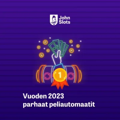 JohnSlots logo, ensimmäinen palkinto, peliautomaatti, josta nousevassa kädessä seteleitä ja teksti Vuoden 2023 parhaat peliautomaatit