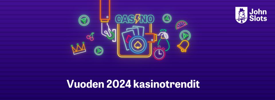 JohnSlots logo, Casino, jonka ympärillä pelien symboleita ja pelimerkkejä ja teksti Vuoden 2024 kasinotrendit