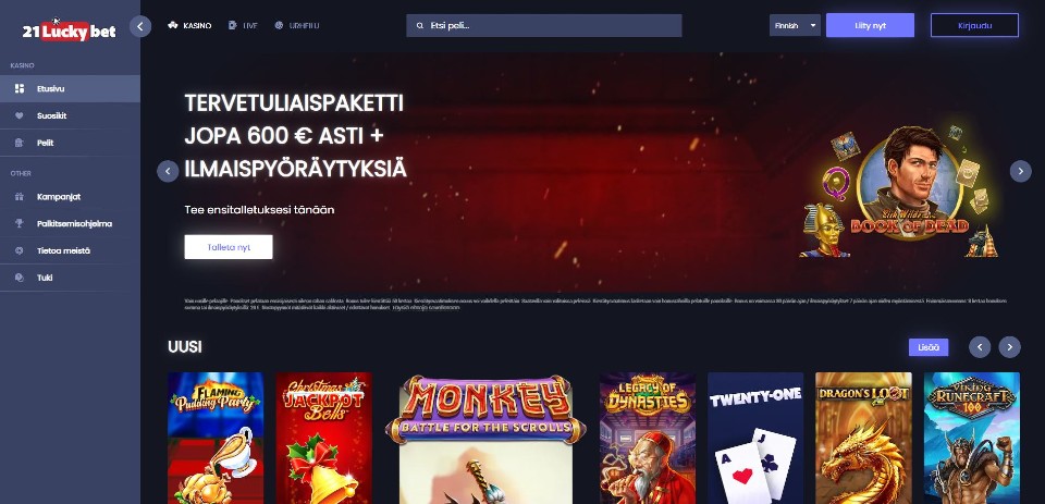 Kuvankaappaus 21 Lucky Bet Casinon etusivusta, näkyvillä valikot, tervetuliaisbonus ja 7 pelin kuvakkeet