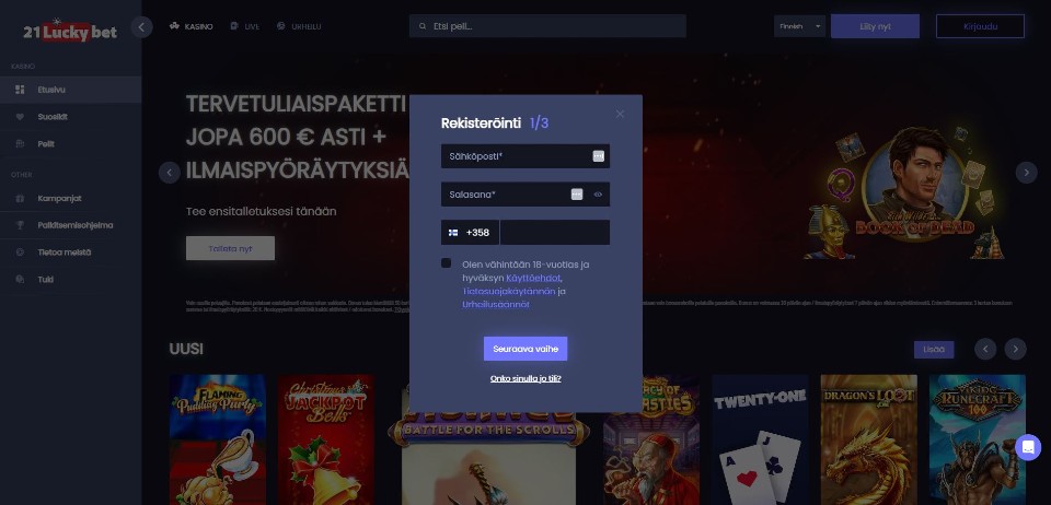 Kuvankaappaus 21 Lucky Bet Casinolle rekisteröitymisestä, näkyvillä rekisteröitymislomakkeen osa 1/3