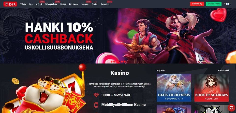 Kuvankaappaus 31 Bet Casinon etusivusta, näkyvillä valikko, cashback ja peliautomaattien hahmoja