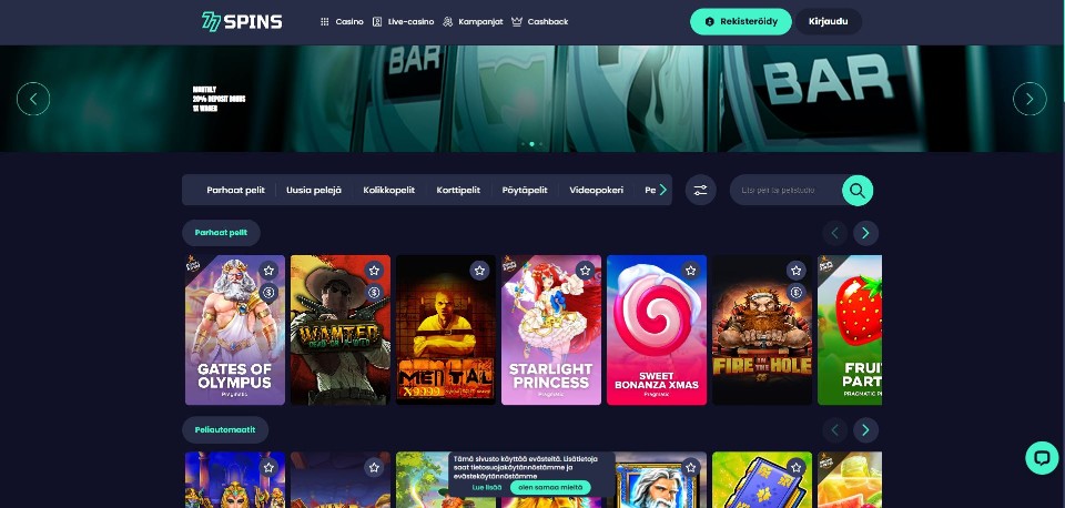 Kuvankaappaus 77Spins Casinon etusivusta, näkyvillä valikot, tarjousbanneri ja 7 parhaan pelin kuvakkeet