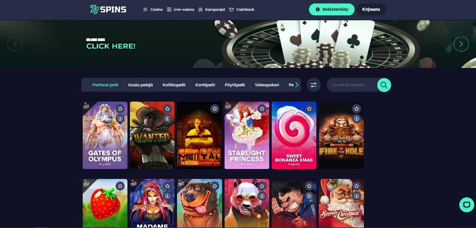 Kuvankaappaus 77Spins Casinon peliaulasta, näkyvillä valikot ja 12 peliautomaatin kuvakkeet