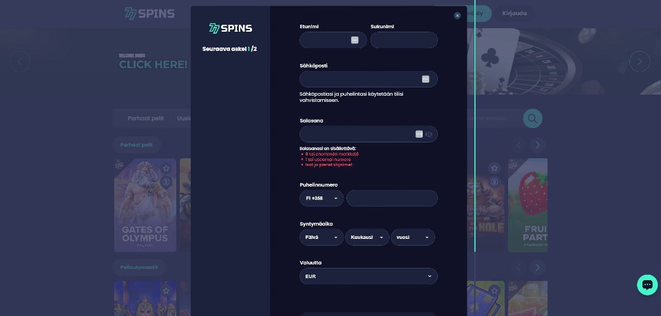 Kuvankaappaus 77Spins Casinolle rekisteröitymisestä, näkyvillä rekisteröitymislomake osa 1/2